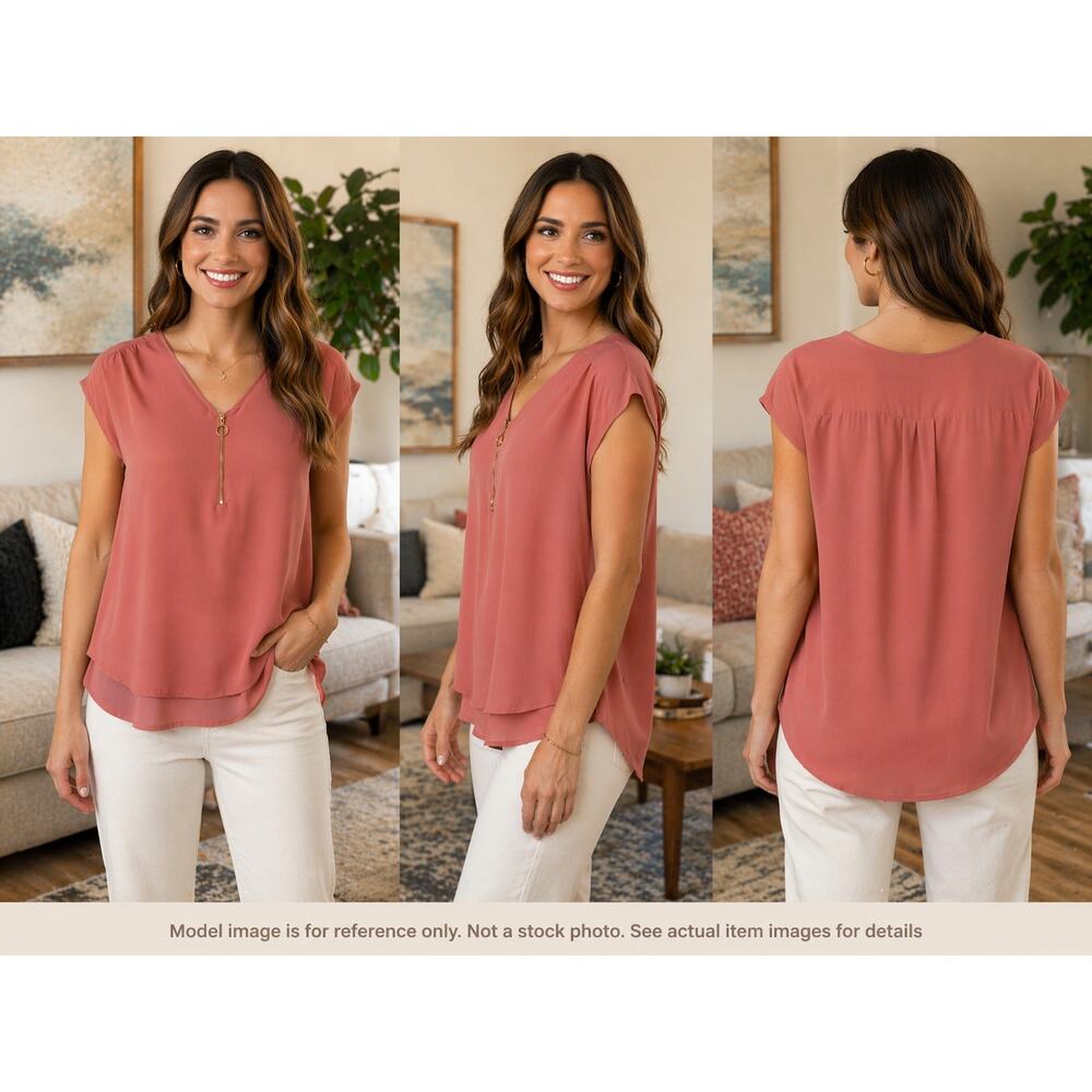 My Michelle Dusty Rose Zip Front Blouse Size L‎ NWT
